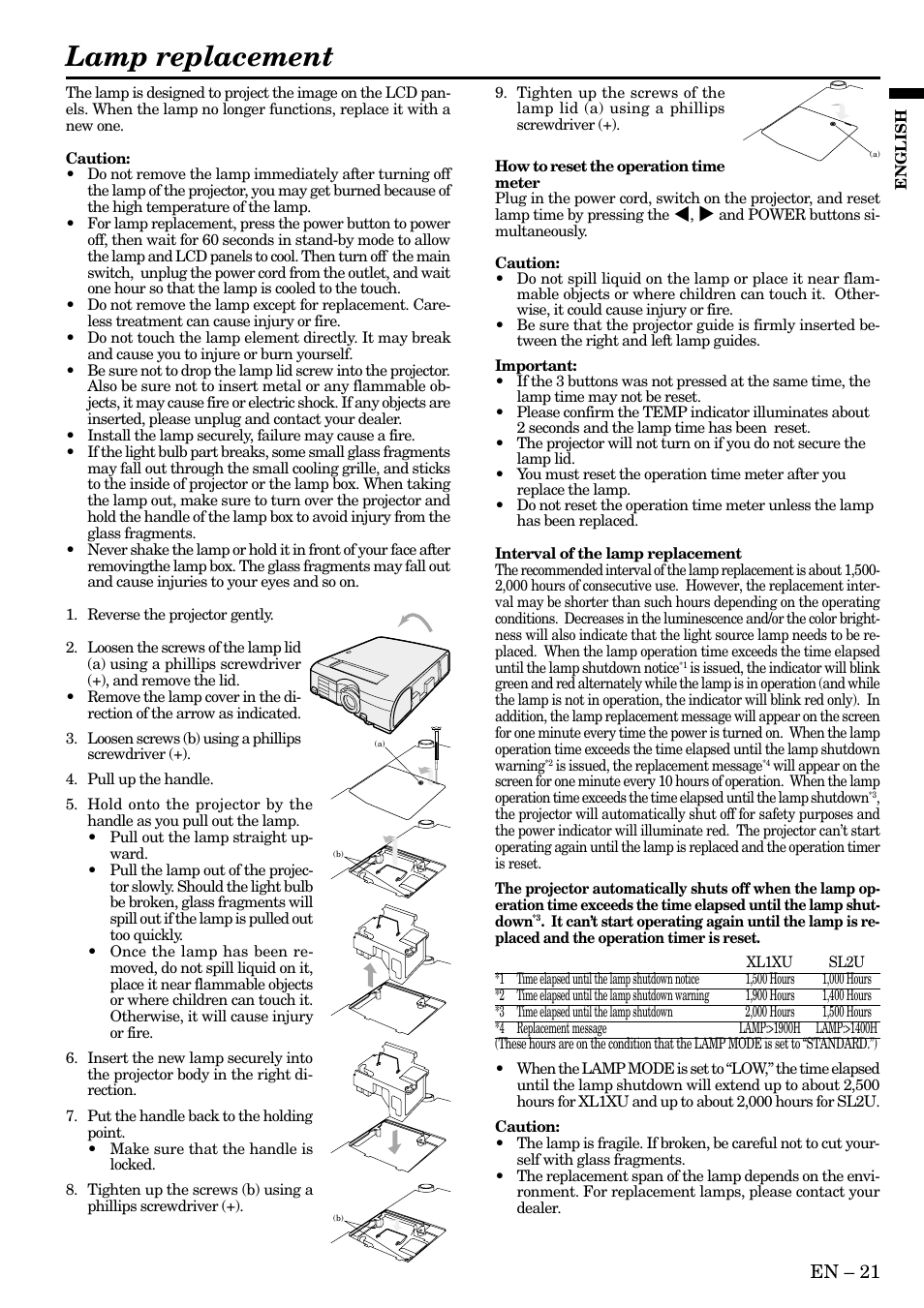 Lamp replacement, En – 21 | MITSUBISHI ELECTRIC XL1X S L 2 User Manual | Page 21 / 28