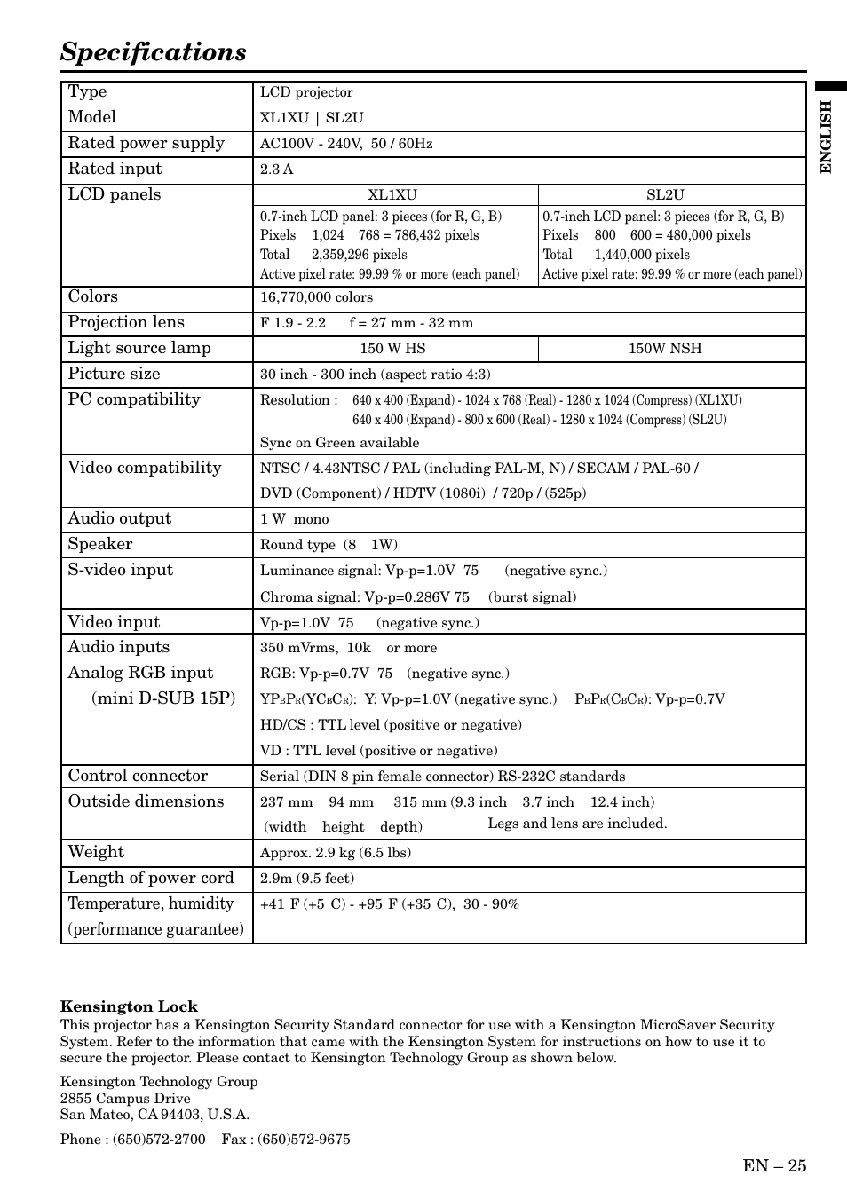Specifications | MITSUBISHI ELECTRIC XL1X S L 2 User Manual | Page 25 / 28