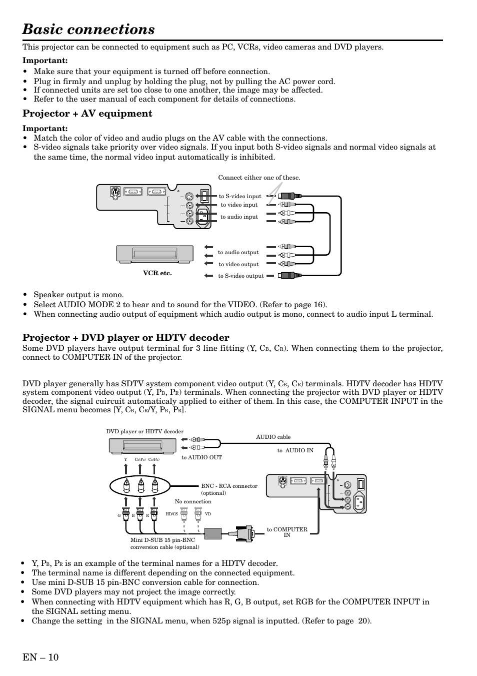 Basic connections, En – 10, Projector + av equipment | Projector + dvd player or hdtv decoder, Y, p | MITSUBISHI ELECTRIC LVP-SA51U User Manual | Page 10 / 31