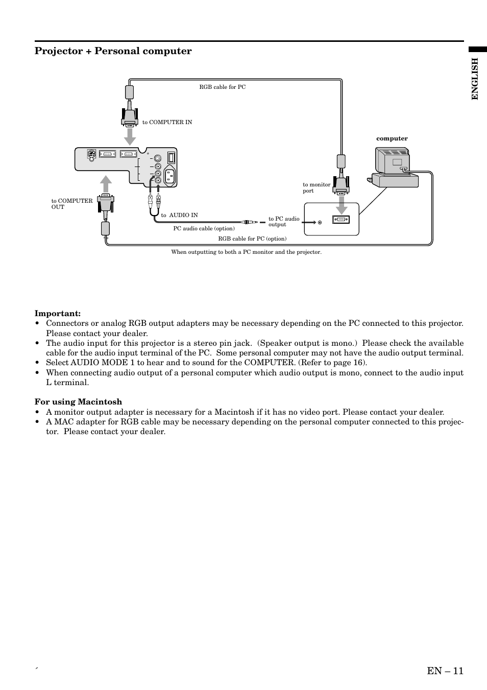 En – 11, Projector + personal computer, English | MITSUBISHI ELECTRIC LVP-SA51U User Manual | Page 11 / 31