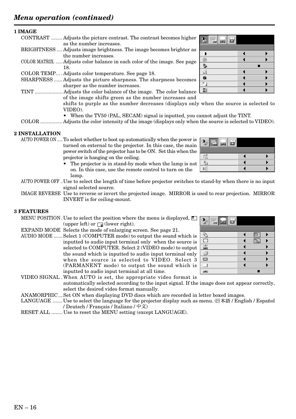 Menu operation (continued), En – 16 | MITSUBISHI ELECTRIC LVP-SA51U User Manual | Page 16 / 31