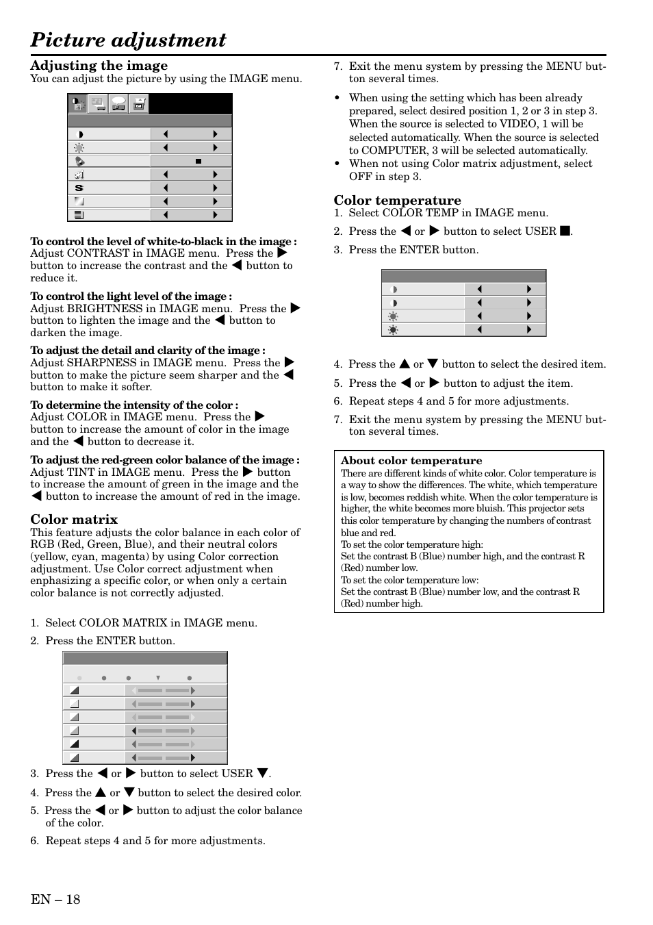 Picture adjustment, En – 18 adjusting the image, Color matrix | Color temperature | MITSUBISHI ELECTRIC LVP-SA51U User Manual | Page 18 / 31