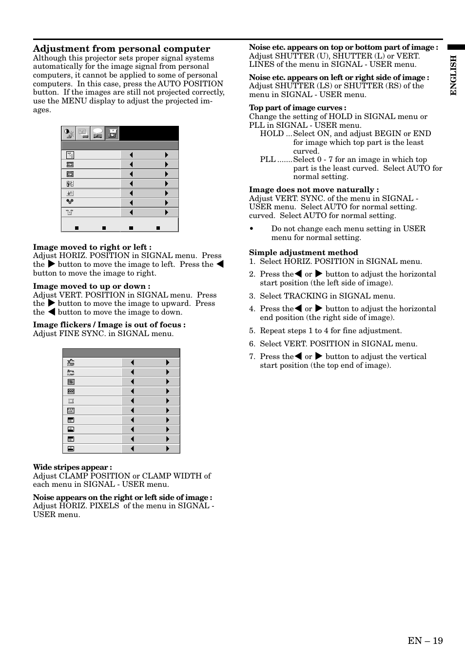 En – 19, Adjustment from personal computer, English | MITSUBISHI ELECTRIC LVP-SA51U User Manual | Page 19 / 31