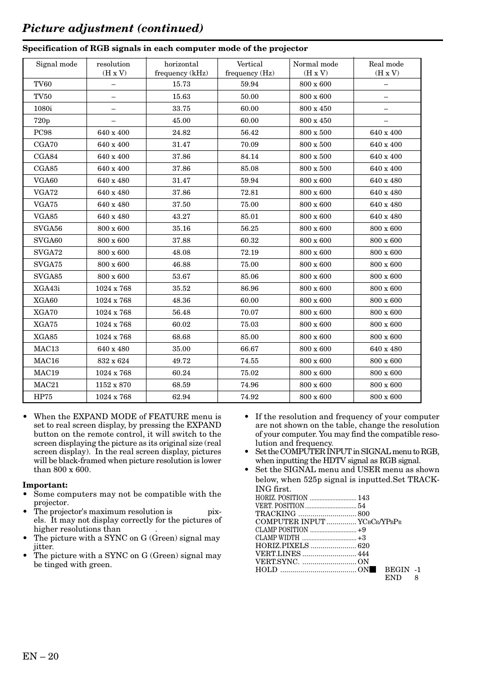 Picture adjustment (continued), En – 20 | MITSUBISHI ELECTRIC LVP-SA51U User Manual | Page 20 / 31