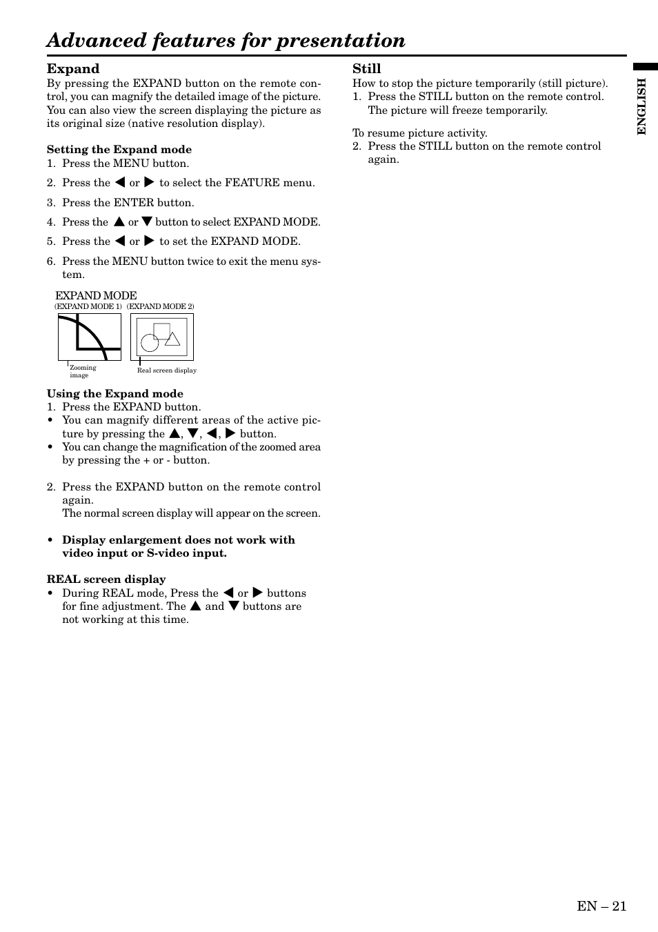 Advanced features for presentation | MITSUBISHI ELECTRIC LVP-SA51U User Manual | Page 21 / 31
