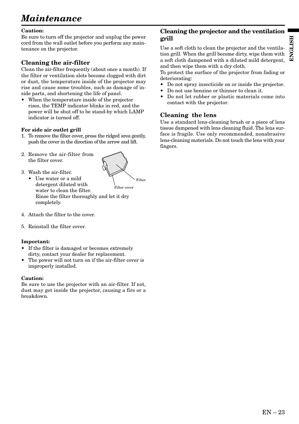 Maintenance | MITSUBISHI ELECTRIC LVP-SA51U User Manual | Page 23 / 31