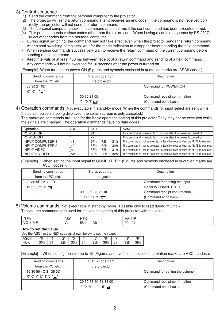 23) control sequence, 4) operation commands, 5) volume commands | MITSUBISHI ELECTRIC XD510U User Manual | Page 2 / 6