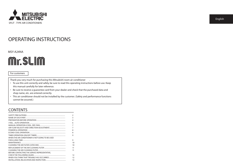 MITSUBISHI ELECTRIC MR. SLIM MSY-A24NA User Manual | 14 pages