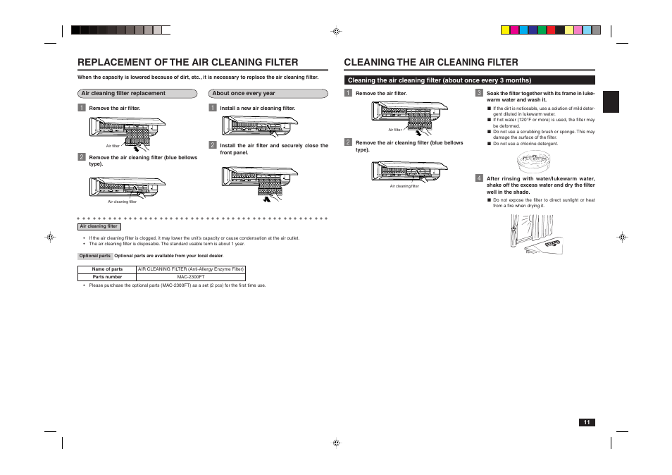 Replacement of the air cleaning filter, Cleaning the air cleaning filter | MITSUBISHI ELECTRIC MR. SLIM MSY-A24NA User Manual | Page 11 / 14
