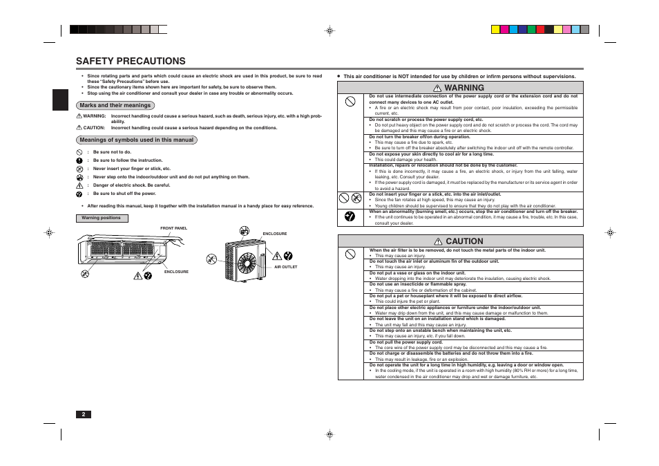 Safety precautions, Warning, Caution | MITSUBISHI ELECTRIC MR. SLIM MSY-A24NA User Manual | Page 2 / 14
