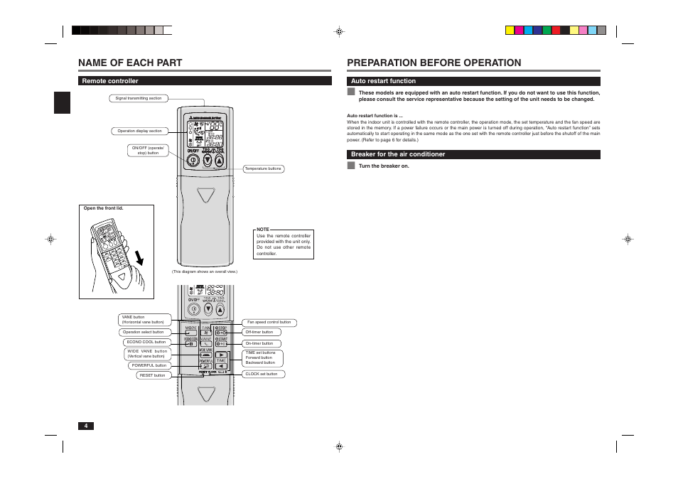 Name of each part, Preparation before operation | MITSUBISHI ELECTRIC MR. SLIM MSY-A24NA User Manual | Page 4 / 14