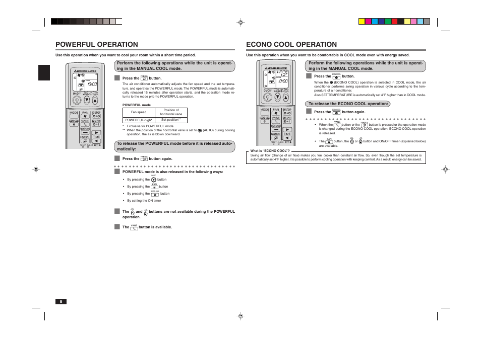 Econo cool operation, Powerful operation | MITSUBISHI ELECTRIC MR. SLIM MSY-A24NA User Manual | Page 8 / 14