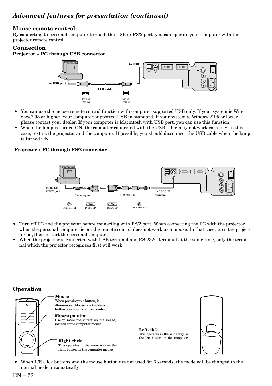 Advanced features for presentation (continued), En – 22 mouse remote control, Connection | Operation, Projector + pc through usb connector, Right click, Mouse pointer, Mouse, Left click | MITSUBISHI ELECTRIC X70B User Manual | Page 22 / 33