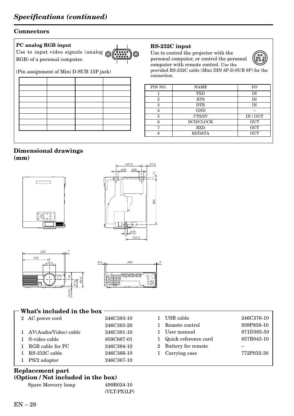 Specifications (continued), En – 28 connectors, What’s included in the box | Dimensional drawings (mm), Rs-232c input | MITSUBISHI ELECTRIC X70B User Manual | Page 28 / 33