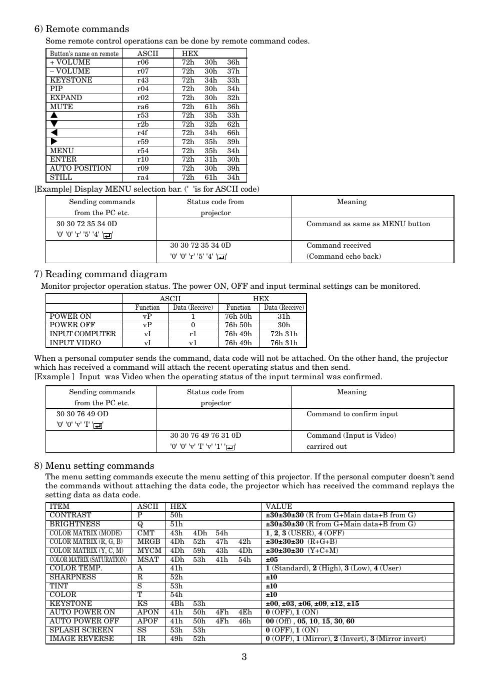 6) remote commands, 7) reading command diagram, 8) menu setting commands | MITSUBISHI ELECTRIC X70B User Manual | Page 32 / 33