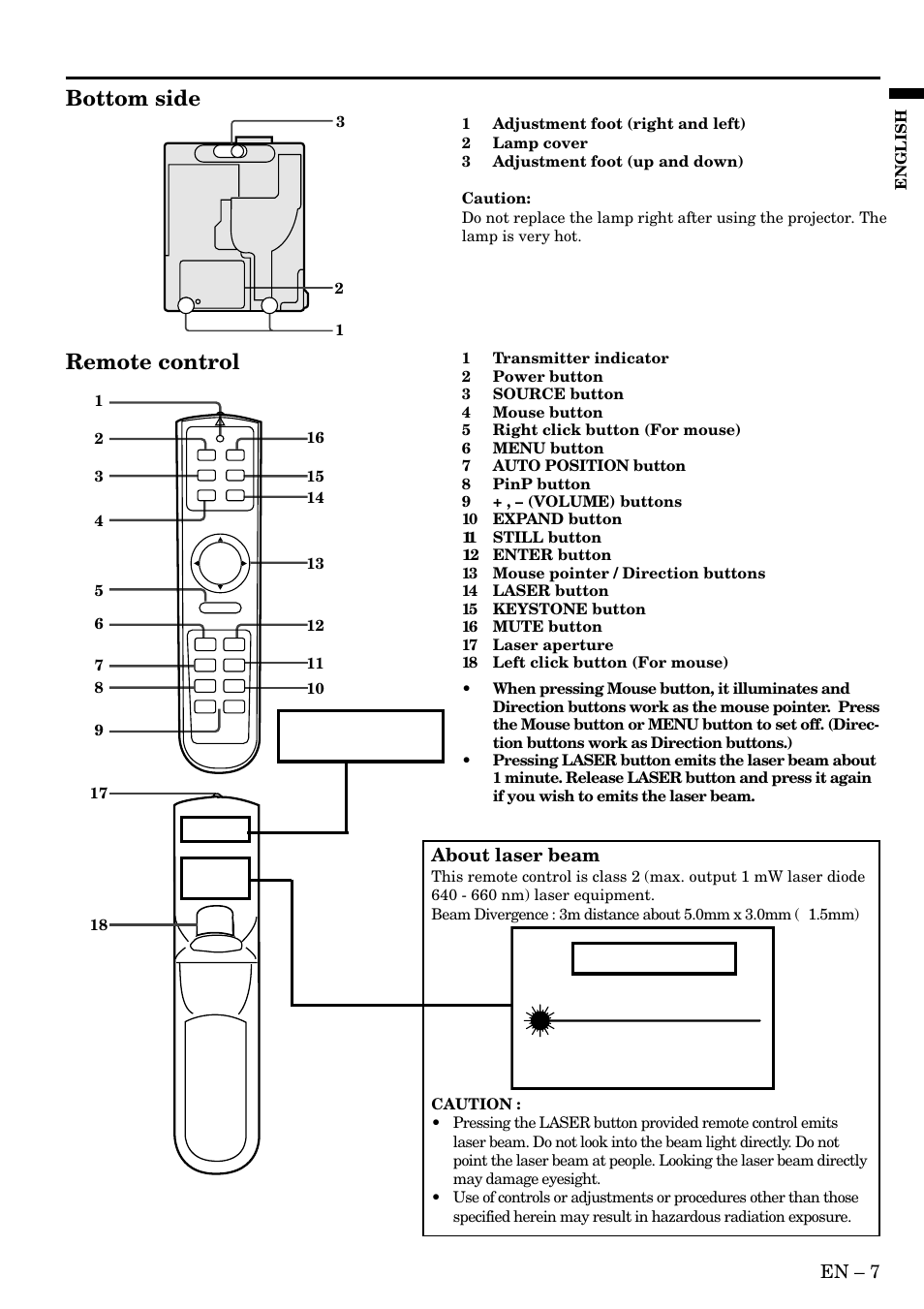 Bottom side, Remote control, Caution | En – 7, About laser beam | MITSUBISHI ELECTRIC X70B User Manual | Page 7 / 33