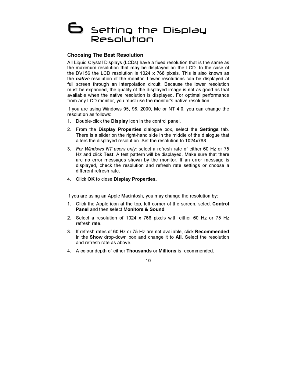 Setting the display resolution | MITSUBISHI ELECTRIC DV156 User Manual | Page 11 / 23