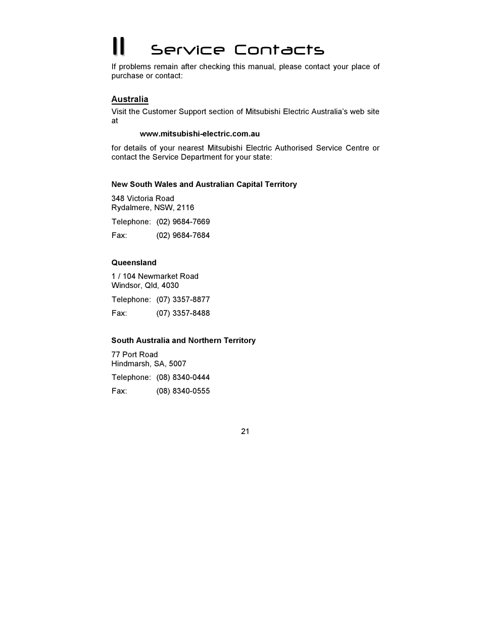 Service contacts | MITSUBISHI ELECTRIC DV156 User Manual | Page 22 / 23