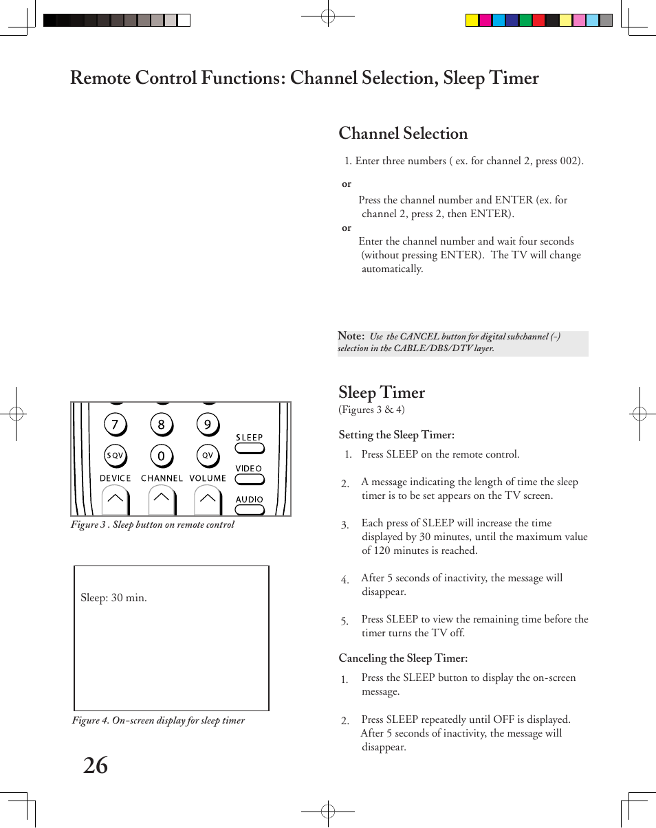 Channel selection, Sleep timer | MITSUBISHI ELECTRIC LT-2240 User Manual | Page 26 / 68