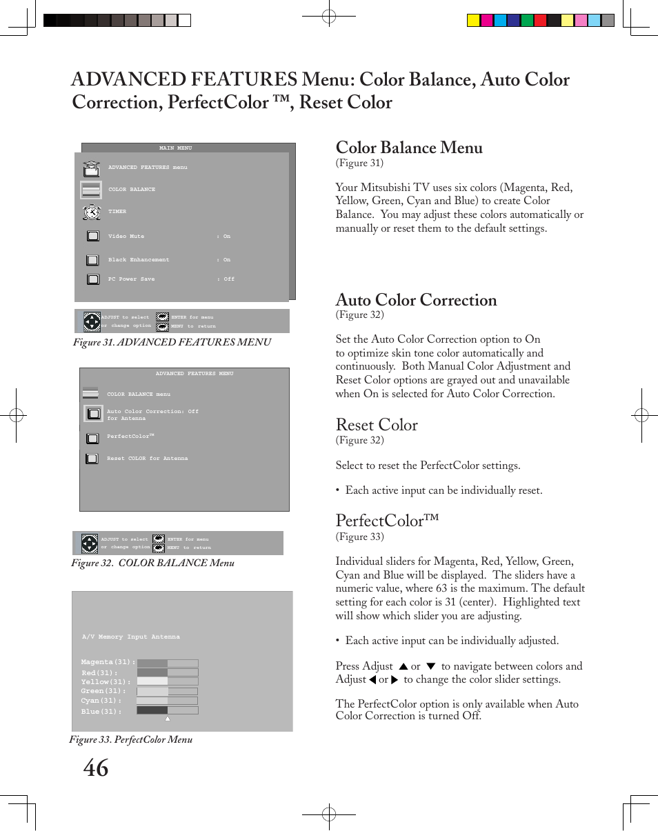 Color balance menu, Auto color correction, Reset color | Perfectcolor | MITSUBISHI ELECTRIC LT-2240 User Manual | Page 46 / 68