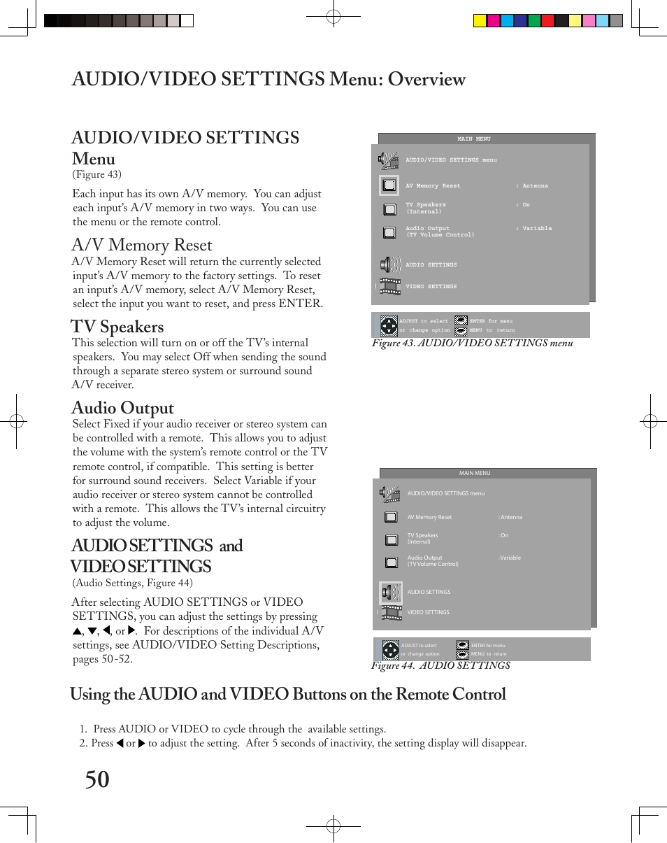 Audio/video settings menu: overview, Audio/video settings menu, Tv speakers | Audio output, Audio settings and video settings | MITSUBISHI ELECTRIC LT-2240 User Manual | Page 50 / 68