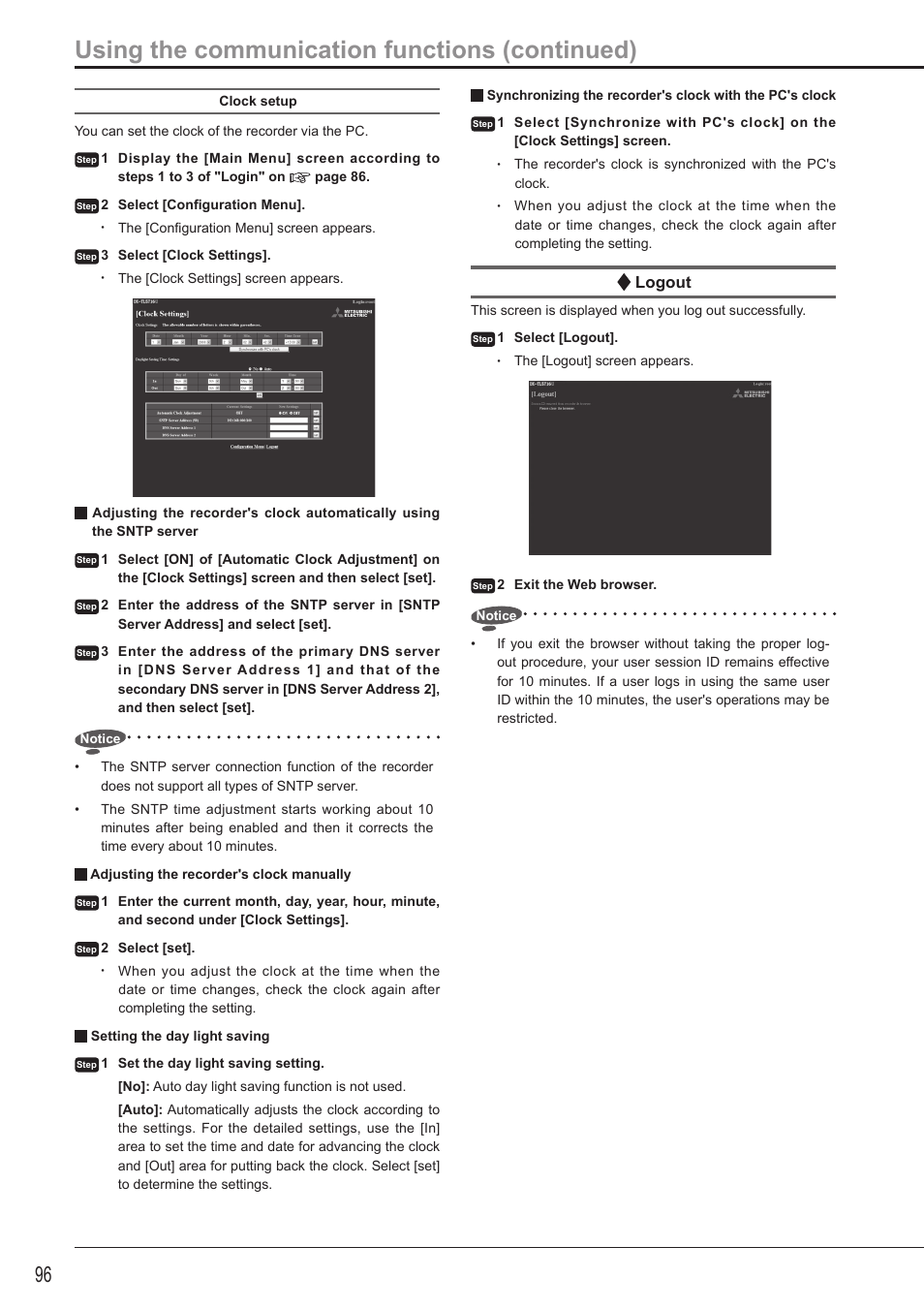 Using the communication functions (continued), Logout | MITSUBISHI ELECTRIC DX-TL5716U User Manual | Page 100 / 144