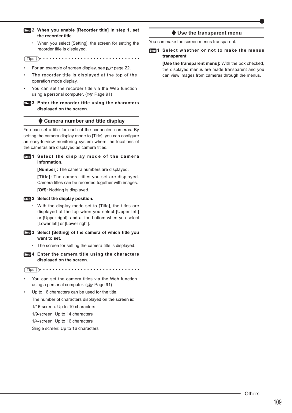 Camera number and title display, Use the transparent menu | MITSUBISHI ELECTRIC DX-TL5716U User Manual | Page 113 / 144