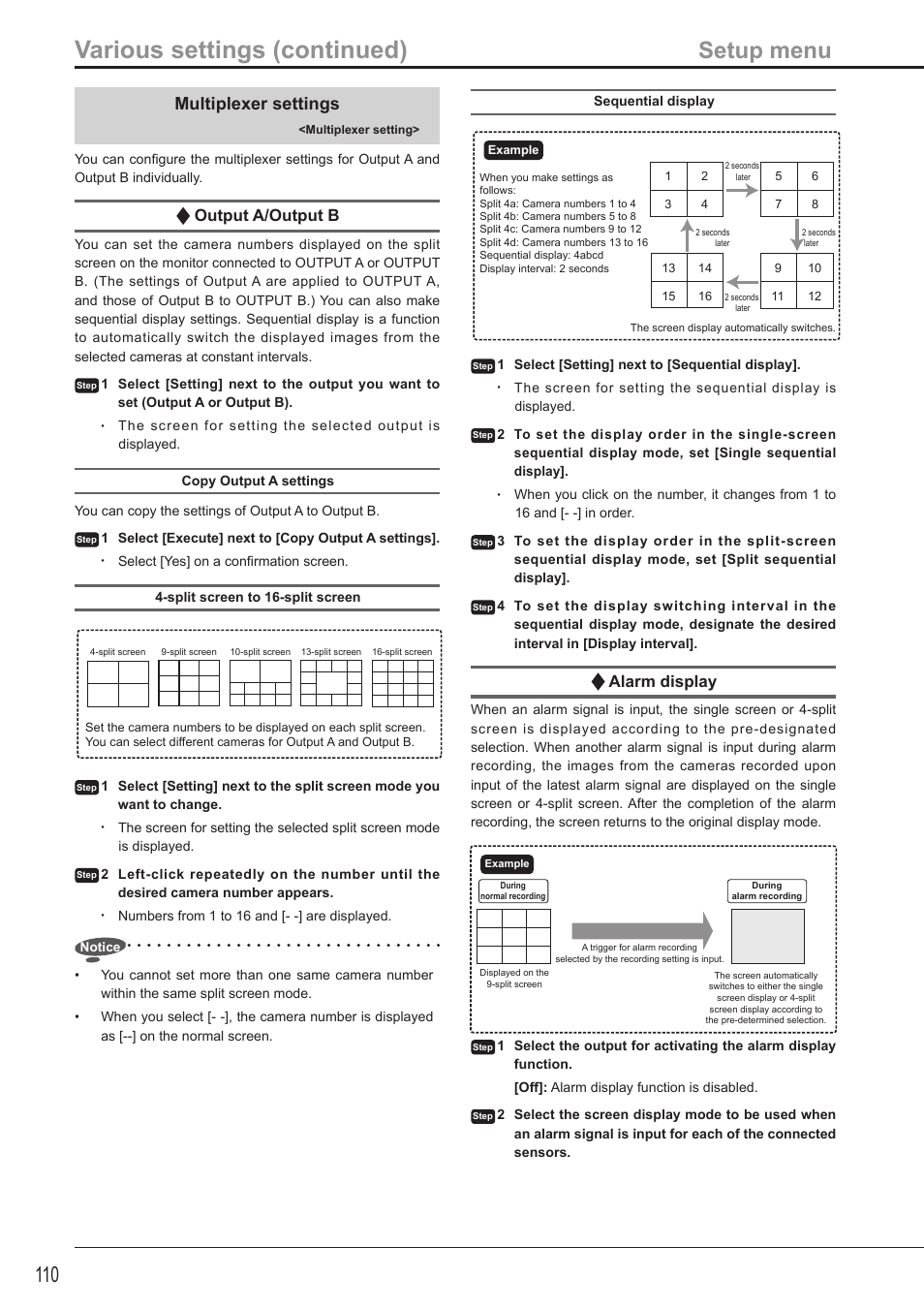 Various settings (continued), Setup menu, Multiplexer settings | Alarm display, Output a/output b | MITSUBISHI ELECTRIC DX-TL5716U User Manual | Page 114 / 144