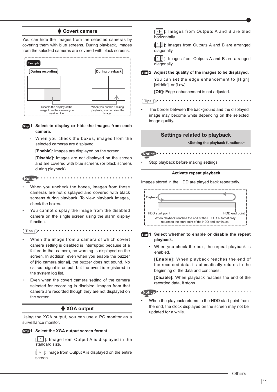 Settings related to playback, Covert camera, Xga output | Others | MITSUBISHI ELECTRIC DX-TL5716U User Manual | Page 115 / 144