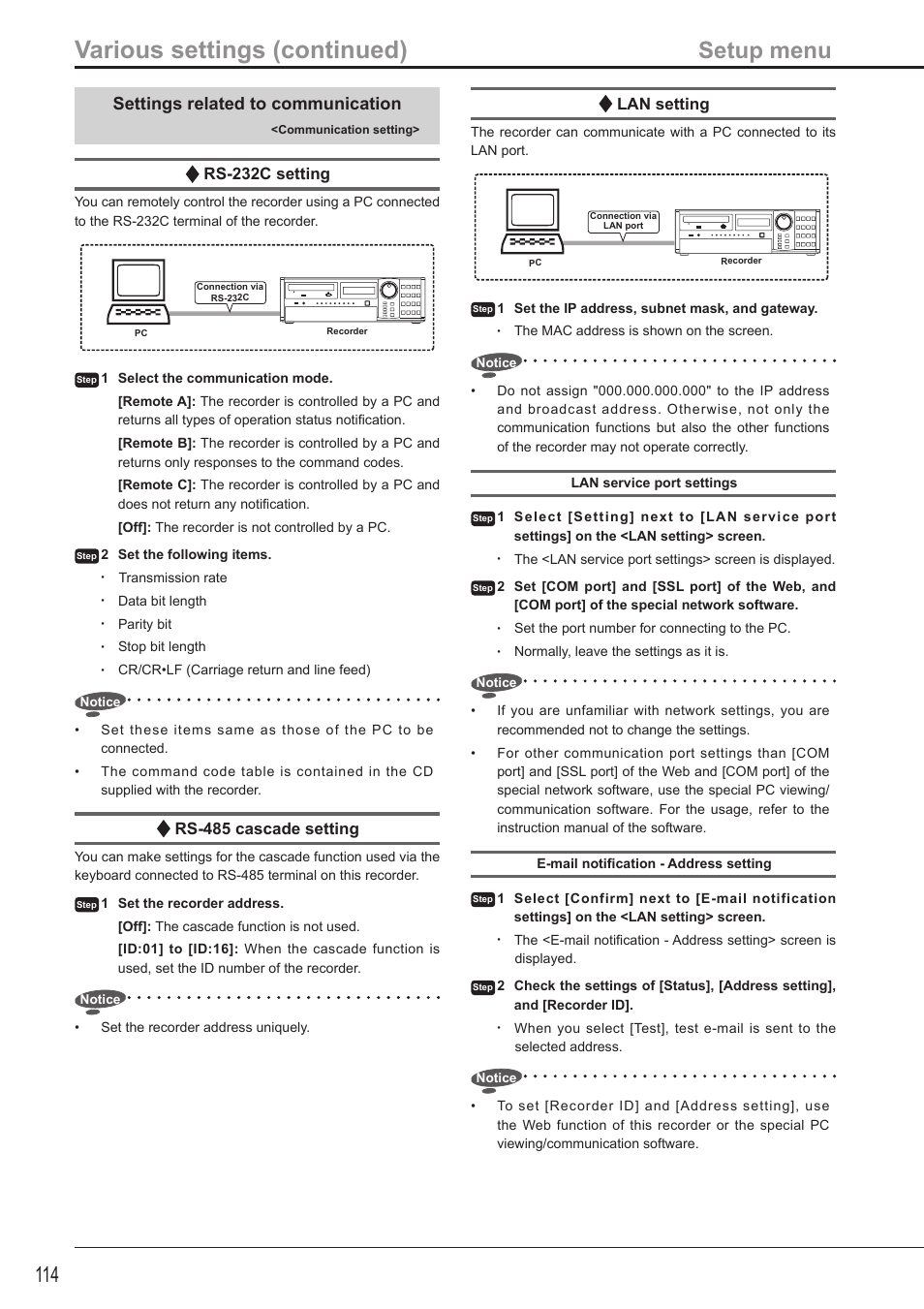 Various settings (continued), Setup menu, Settings related to communication | Rs-232c setting, Rs-485 cascade setting, Lan setting | MITSUBISHI ELECTRIC DX-TL5716U User Manual | Page 118 / 144