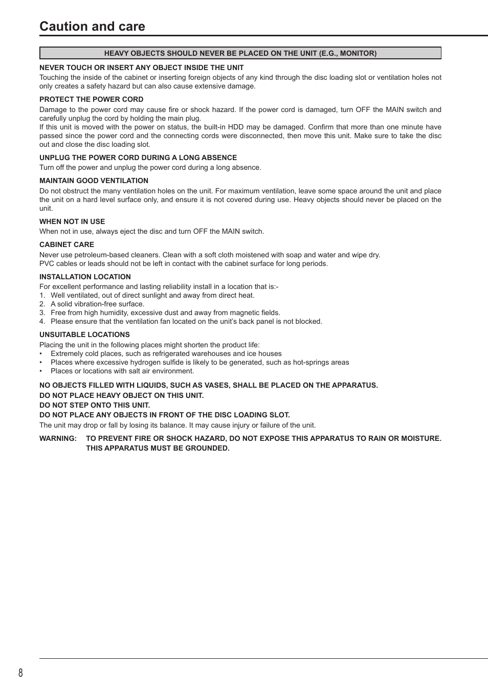 Caution and care | MITSUBISHI ELECTRIC DX-TL5716U User Manual | Page 12 / 144