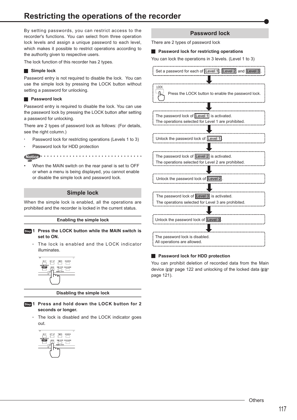 Restricting the operations of the recorder, Simple lock, Password lock | MITSUBISHI ELECTRIC DX-TL5716U User Manual | Page 121 / 144