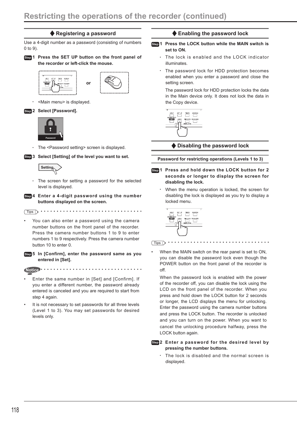 Registering a password, Enabling the password lock, Disabling the password lock | MITSUBISHI ELECTRIC DX-TL5716U User Manual | Page 122 / 144