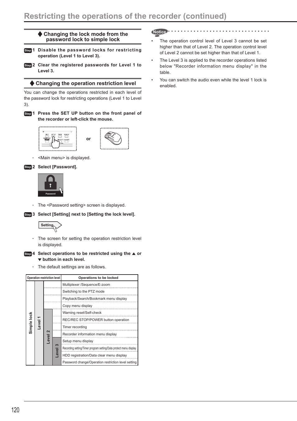 Changing the operation restriction level | MITSUBISHI ELECTRIC DX-TL5716U User Manual | Page 124 / 144