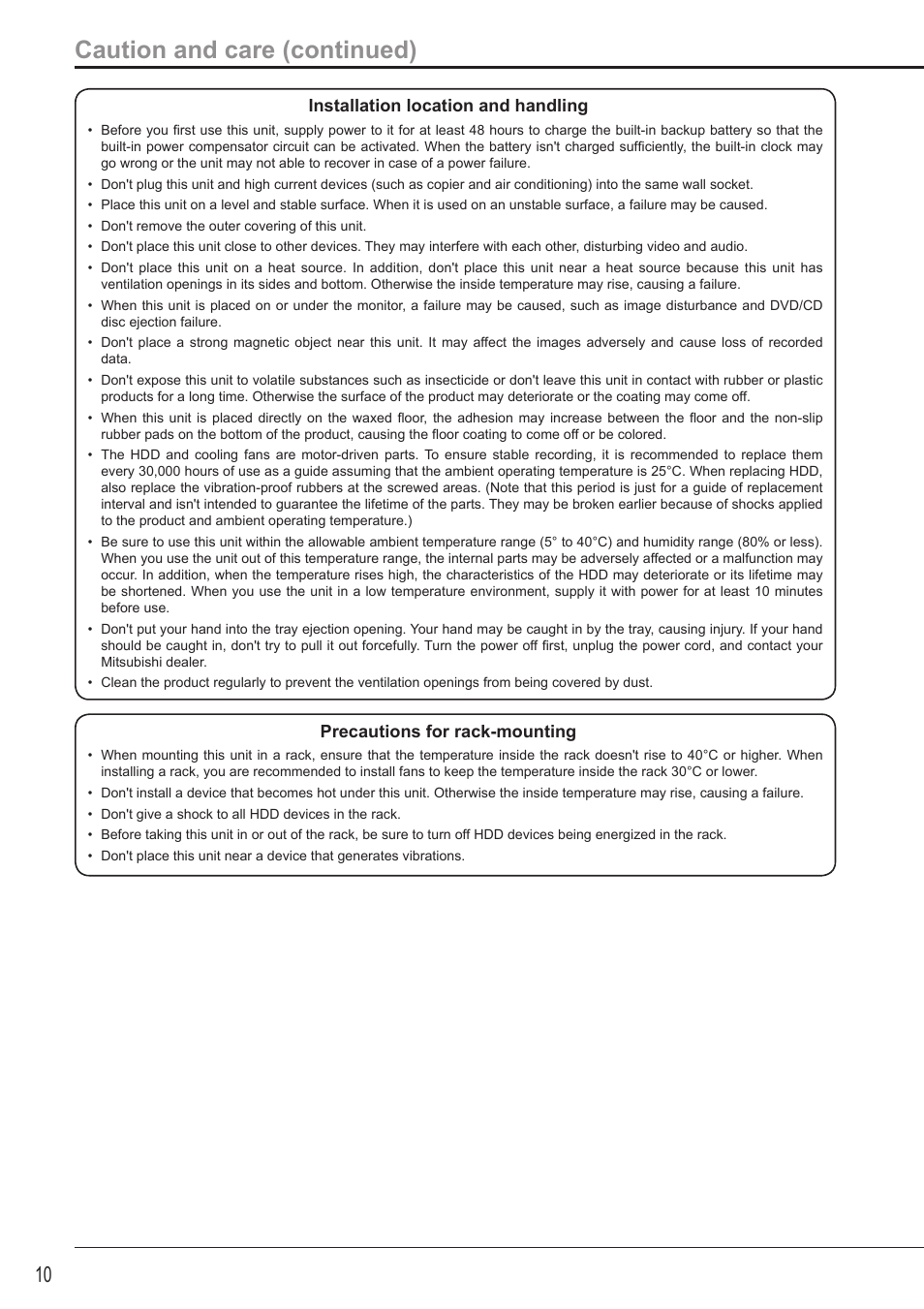 Caution and care (continued) | MITSUBISHI ELECTRIC DX-TL5716U User Manual | Page 14 / 144