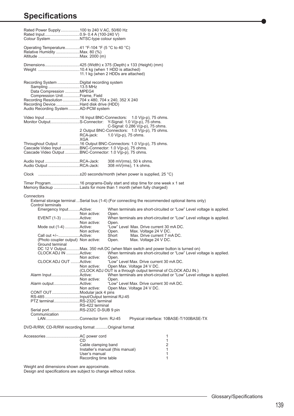 Specifi cations | MITSUBISHI ELECTRIC DX-TL5716U User Manual | Page 143 / 144