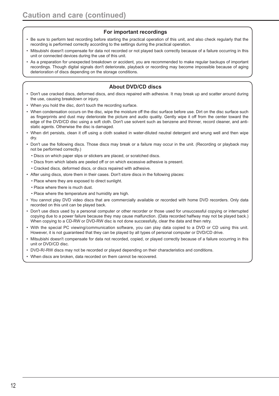 Caution and care (continued) | MITSUBISHI ELECTRIC DX-TL5716U User Manual | Page 16 / 144