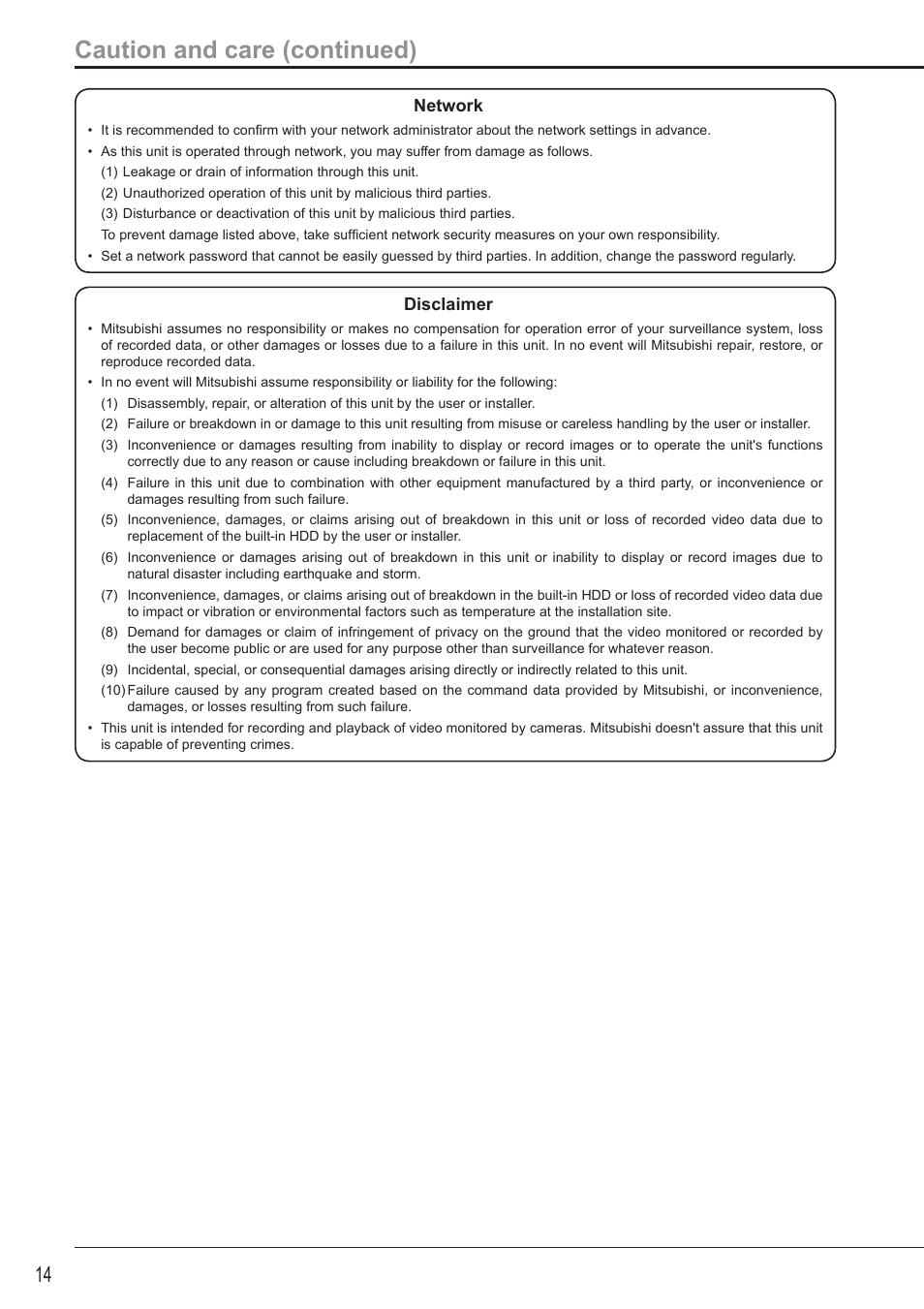 Caution and care (continued) | MITSUBISHI ELECTRIC DX-TL5716U User Manual | Page 18 / 144