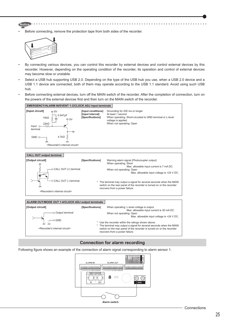 Connection for alarm recording, Connections | MITSUBISHI ELECTRIC DX-TL5716U User Manual | Page 29 / 144