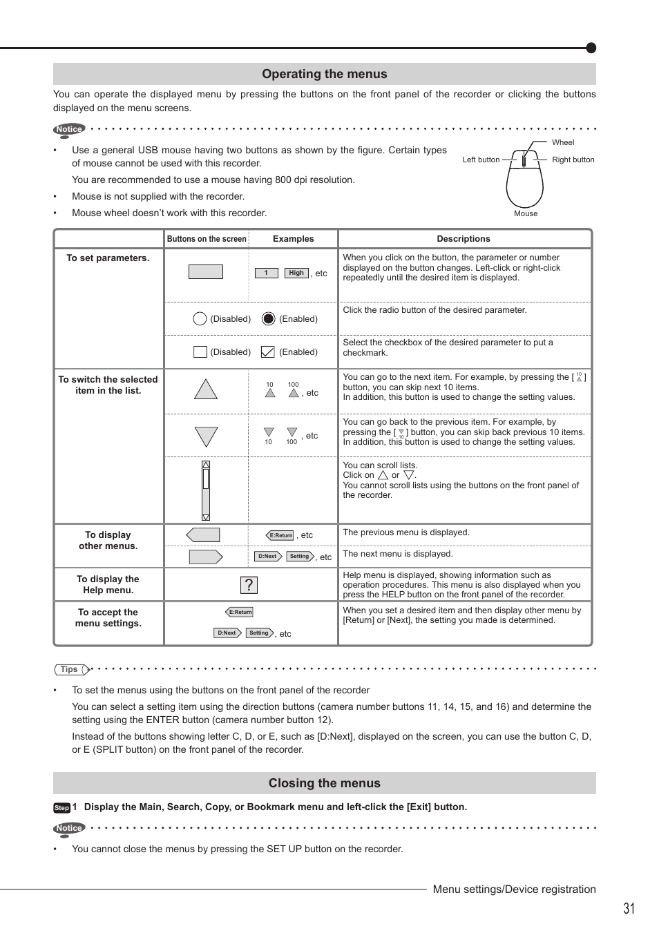 Operating the menus, Closing the menus, Menu settings/device registration | MITSUBISHI ELECTRIC DX-TL5716U User Manual | Page 35 / 144