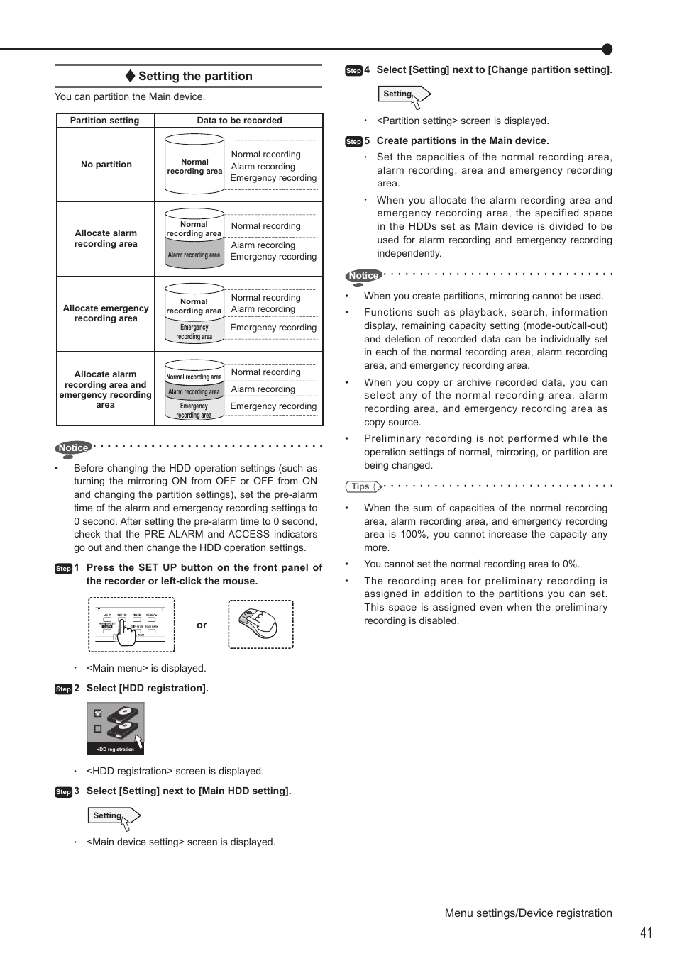 Setting the partition, Menu settings/device registration | MITSUBISHI ELECTRIC DX-TL5716U User Manual | Page 45 / 144