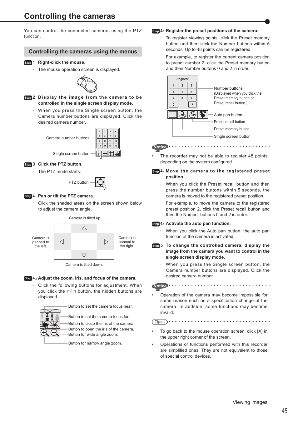 Controlling the cameras, Controlling the cameras using the menus, Viewing images | MITSUBISHI ELECTRIC DX-TL5716U User Manual | Page 49 / 144