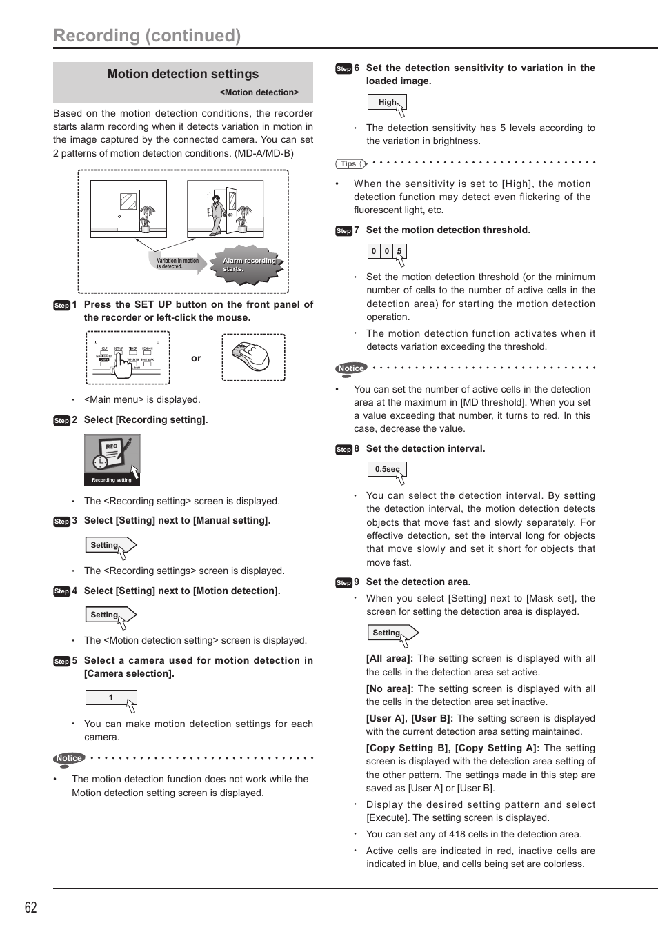 Recording (continued), Motion detection settings | MITSUBISHI ELECTRIC DX-TL5716U User Manual | Page 66 / 144