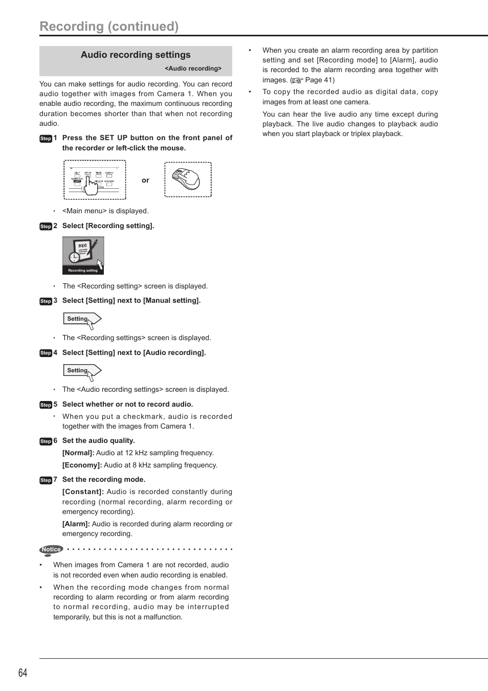 Recording (continued), Audio recording settings | MITSUBISHI ELECTRIC DX-TL5716U User Manual | Page 68 / 144
