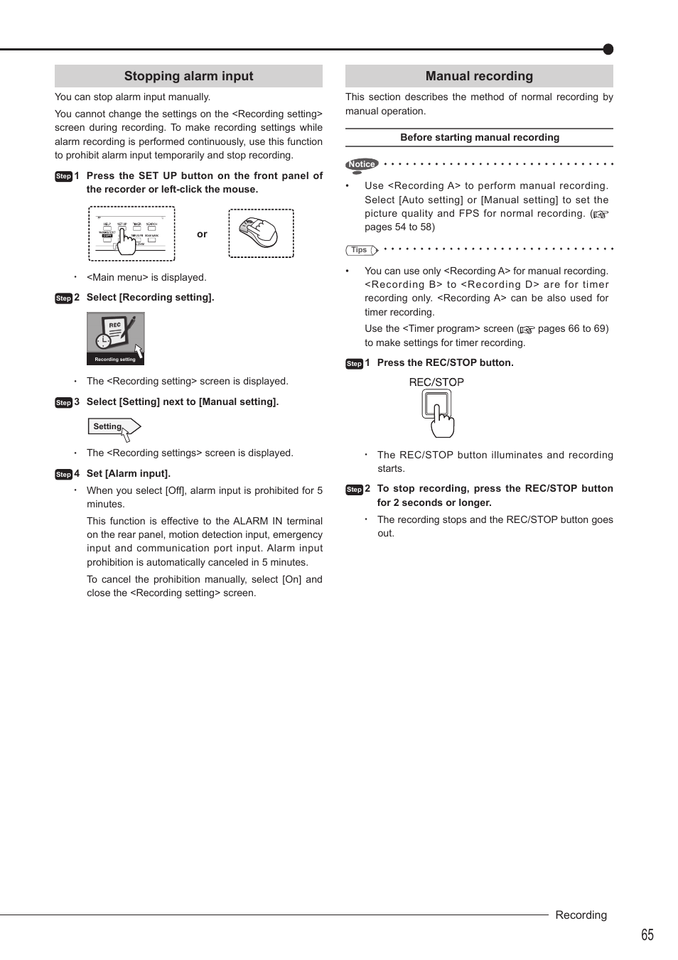 Stopping alarm input, Manual recording | MITSUBISHI ELECTRIC DX-TL5716U User Manual | Page 69 / 144