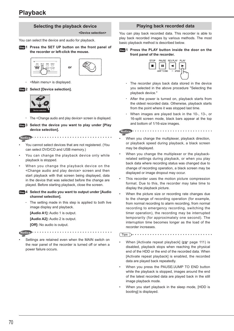Playback, Selecting the playback device, Playing back recorded data | MITSUBISHI ELECTRIC DX-TL5716U User Manual | Page 74 / 144