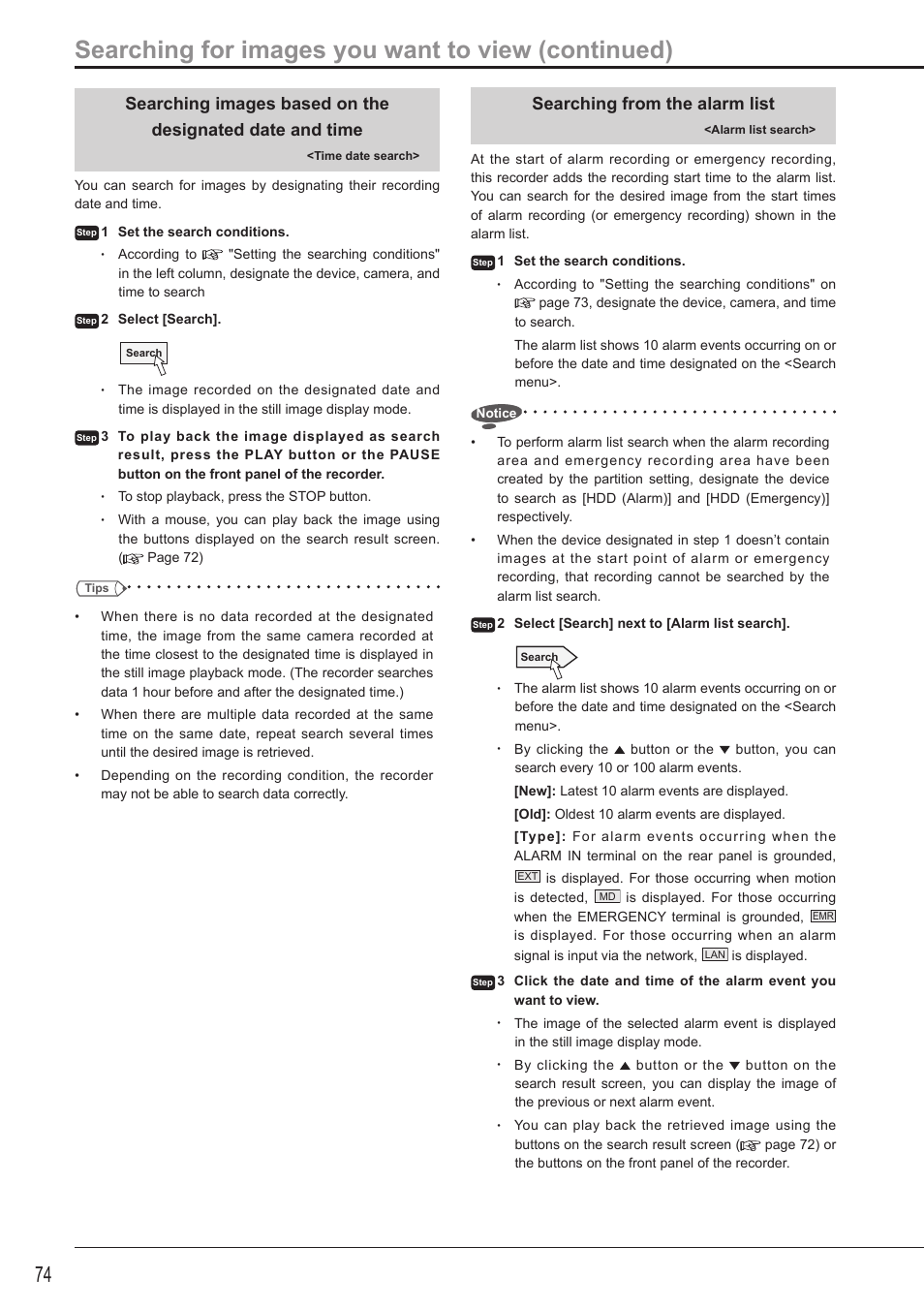 Searching for images you want to view (continued), Searching from the alarm list | MITSUBISHI ELECTRIC DX-TL5716U User Manual | Page 78 / 144