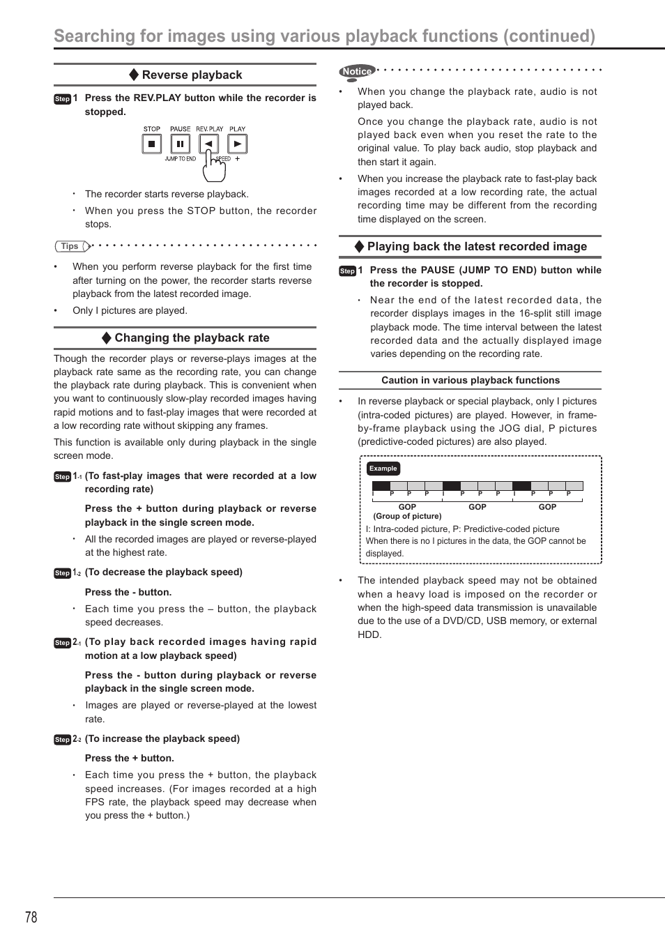 Reverse playback, Changing the playback rate, Playing back the latest recorded image | MITSUBISHI ELECTRIC DX-TL5716U User Manual | Page 82 / 144