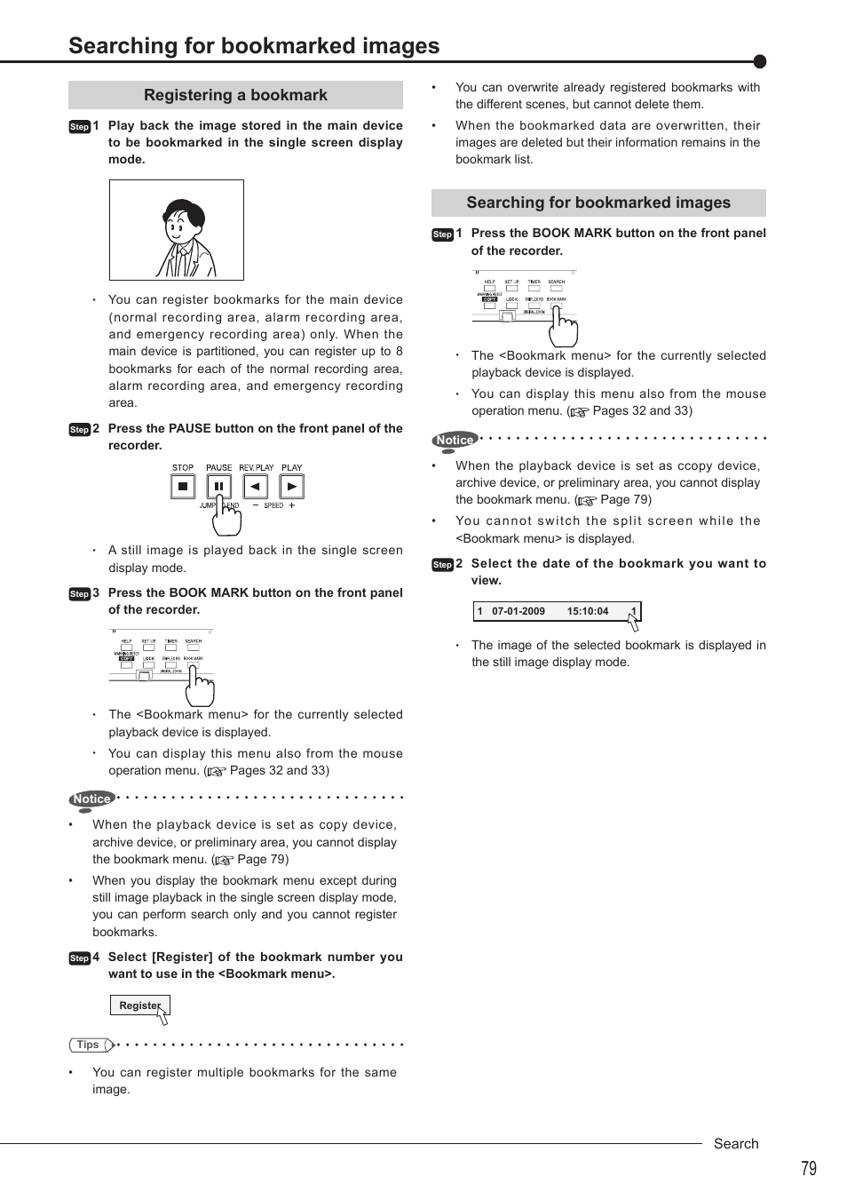 Registering a bookmark, Searching for bookmarked images | MITSUBISHI ELECTRIC DX-TL5716U User Manual | Page 83 / 144