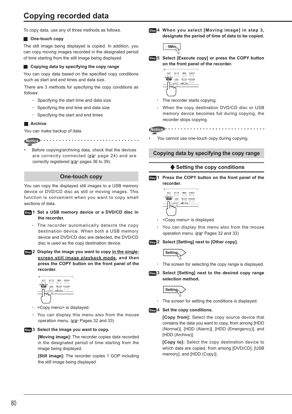 Copying recorded data, One-touch copy, Copying data by specifying the copy range | Setting the copy conditions | MITSUBISHI ELECTRIC DX-TL5716U User Manual | Page 84 / 144